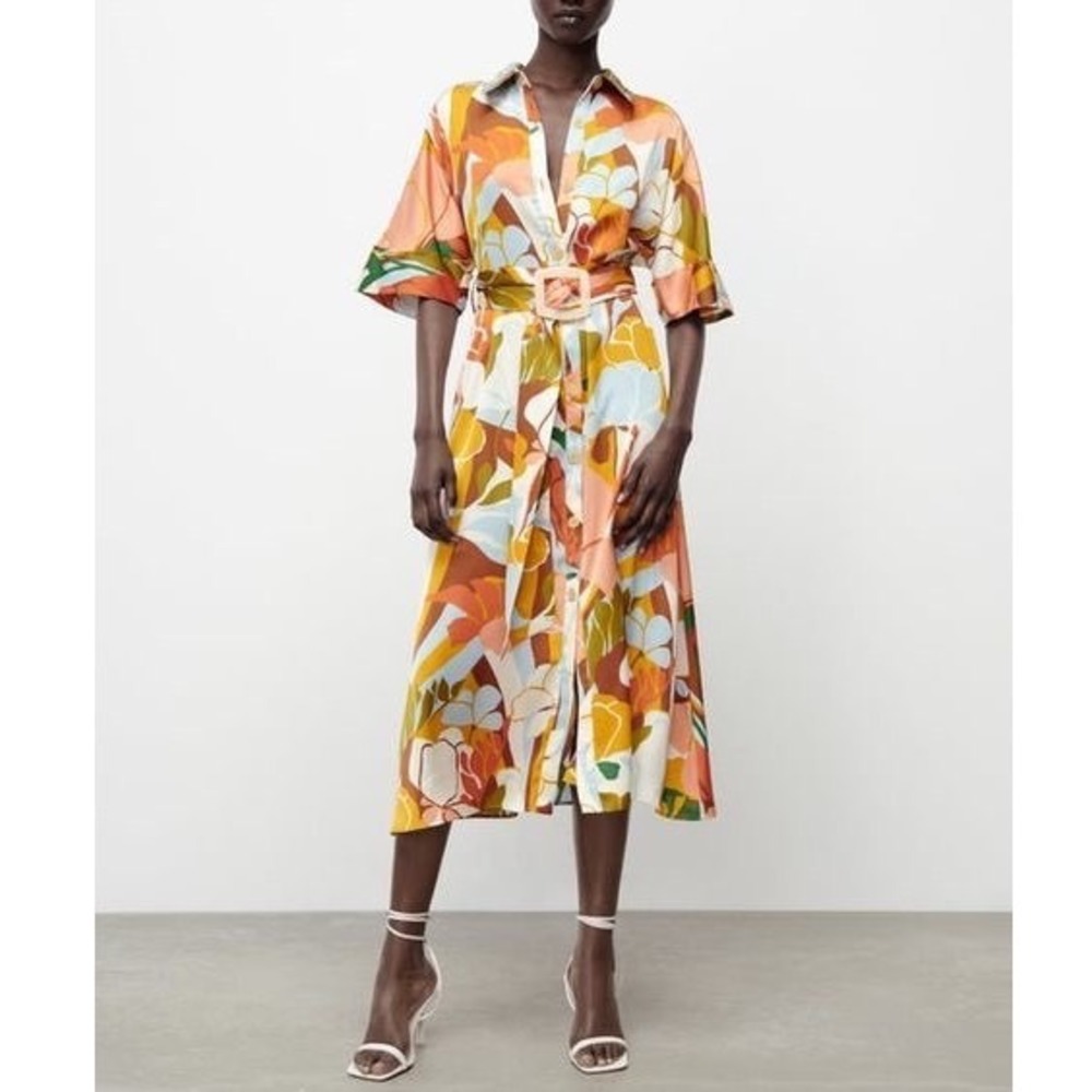 Zara Womens Floral Print Belted Midi Shirt Dress Multicolor Size Large L